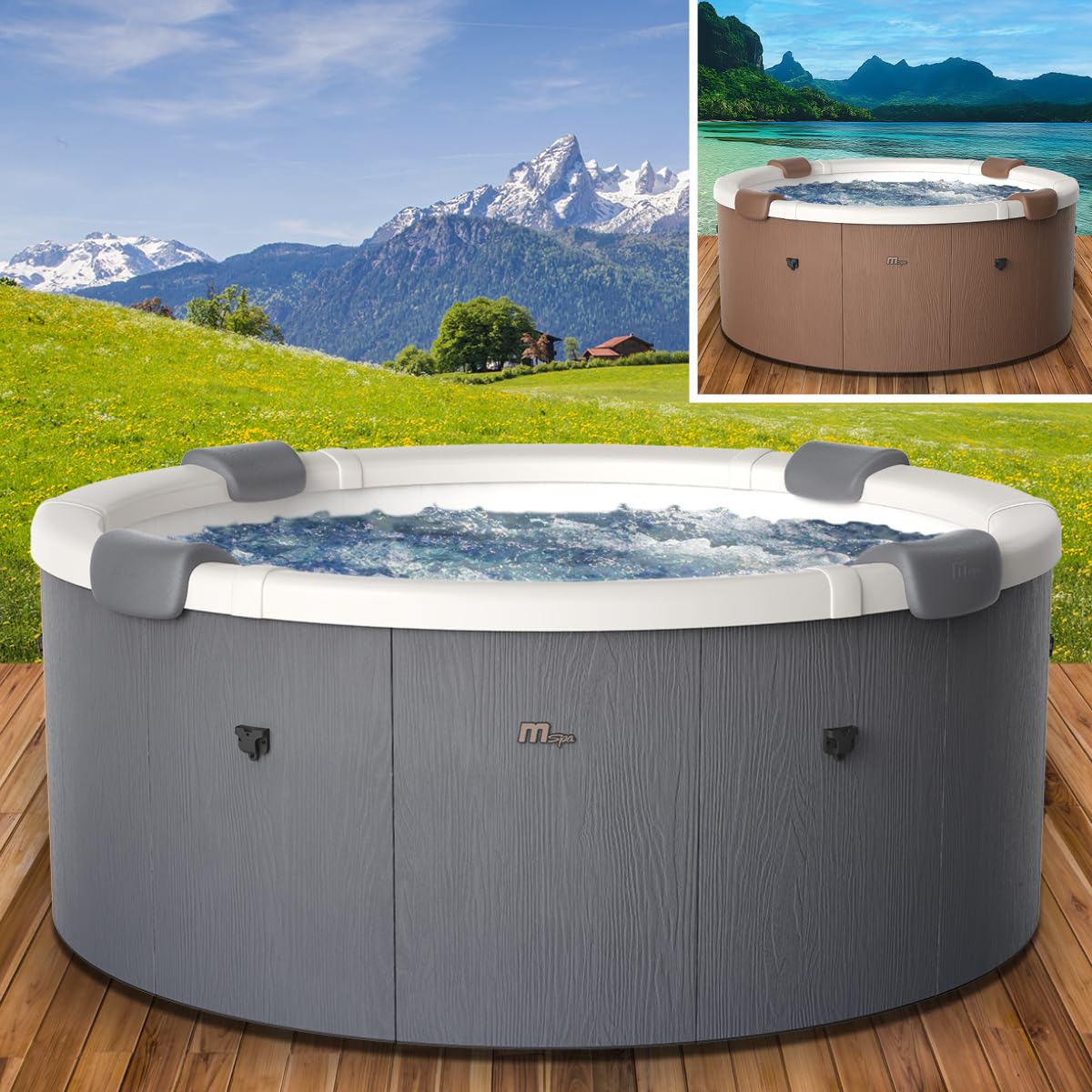 BRAST Whirlpool MSpa Denver & Rova mit Fester Außenwand | Ø182x70cm | LED-Beleuchtung mit 20 Farben für 6 Personen | 130 Massagedüsen | Ganzjähriger Einsatz Winterfest | In & Outdoor | Denver
