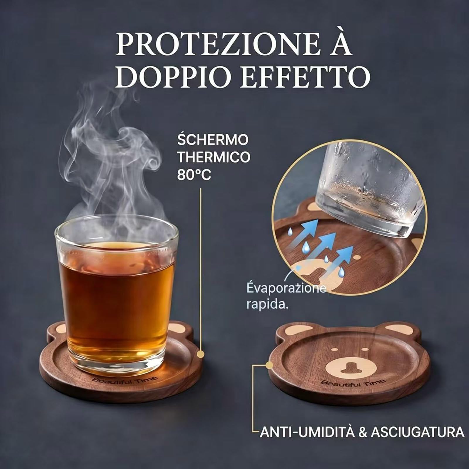 Set 6 sottobicchieri legno rotondi orso incastonato mano 11,5x9,5x1 cm marrone scuro