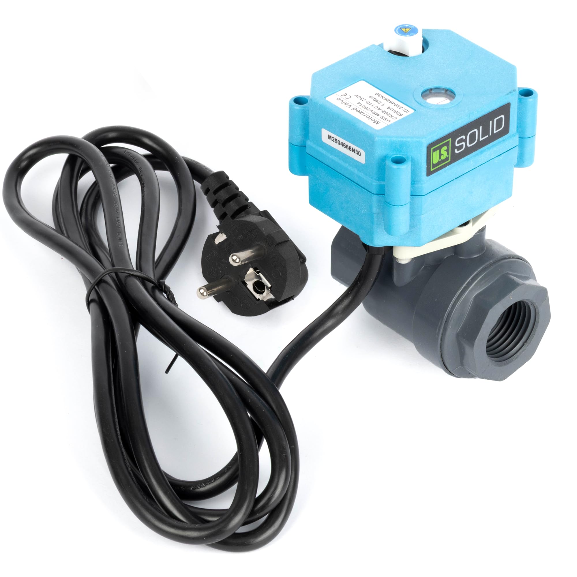 U.S. Solid Válvula de bola de motor de PVC de 3/4" CA 110-230 V con enchufe de la UE - Válvula de bola de plástico eléctrica, IP67 impermeable, retorno automático, cerrado sin corriente, sobrecontrol