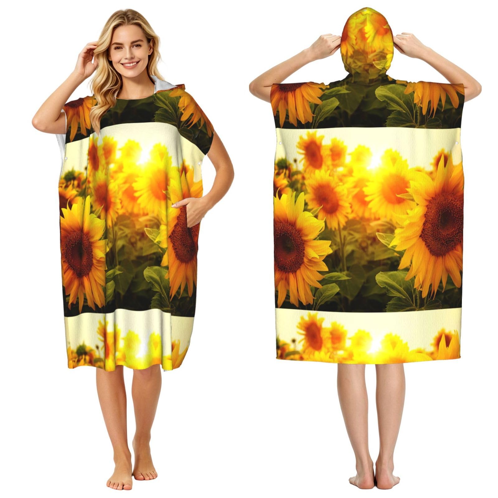Sunflower, Adult Hooded Beach Towel 90 x 110 cm,Changing Bath Robe, Surf Poncho Towel For Women Men