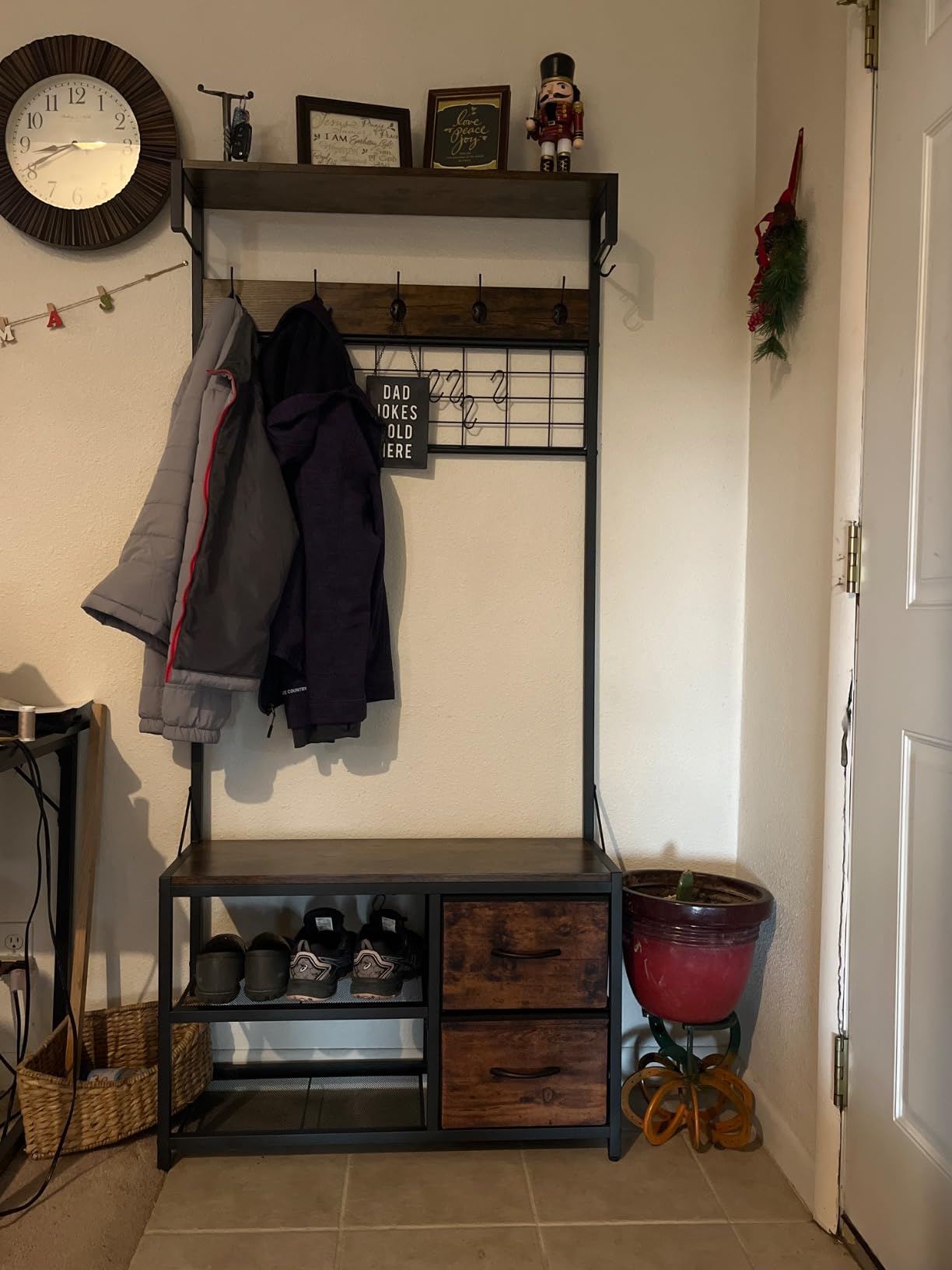 HOOBRO Hall Tree with Bench, 31.5″ Coat Rack with Shoe Storage, 2 Fabric Drawers, Entryway Bench with Coat Rack, Coat and Shoe Rack for Entryway, 9 S-Shaped Hooks, Rustic Brown and Black BF08MT01