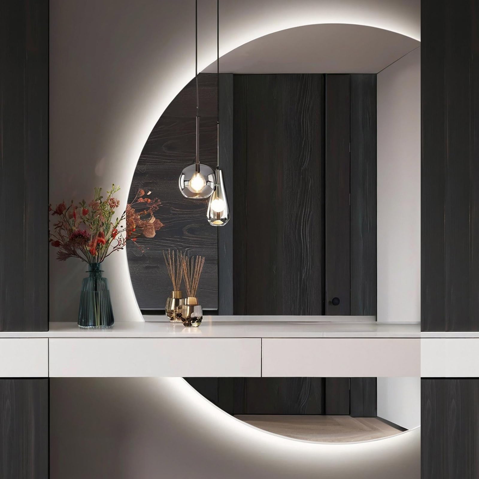 SXFSDOU Smart Bathroom Mirror 51" Half Moon LED Dimmable Full Length 47" Anti-Fog Frameless Backlit for Home Decor with Touch Switch(Right Cut,90x60cm/35x24in)