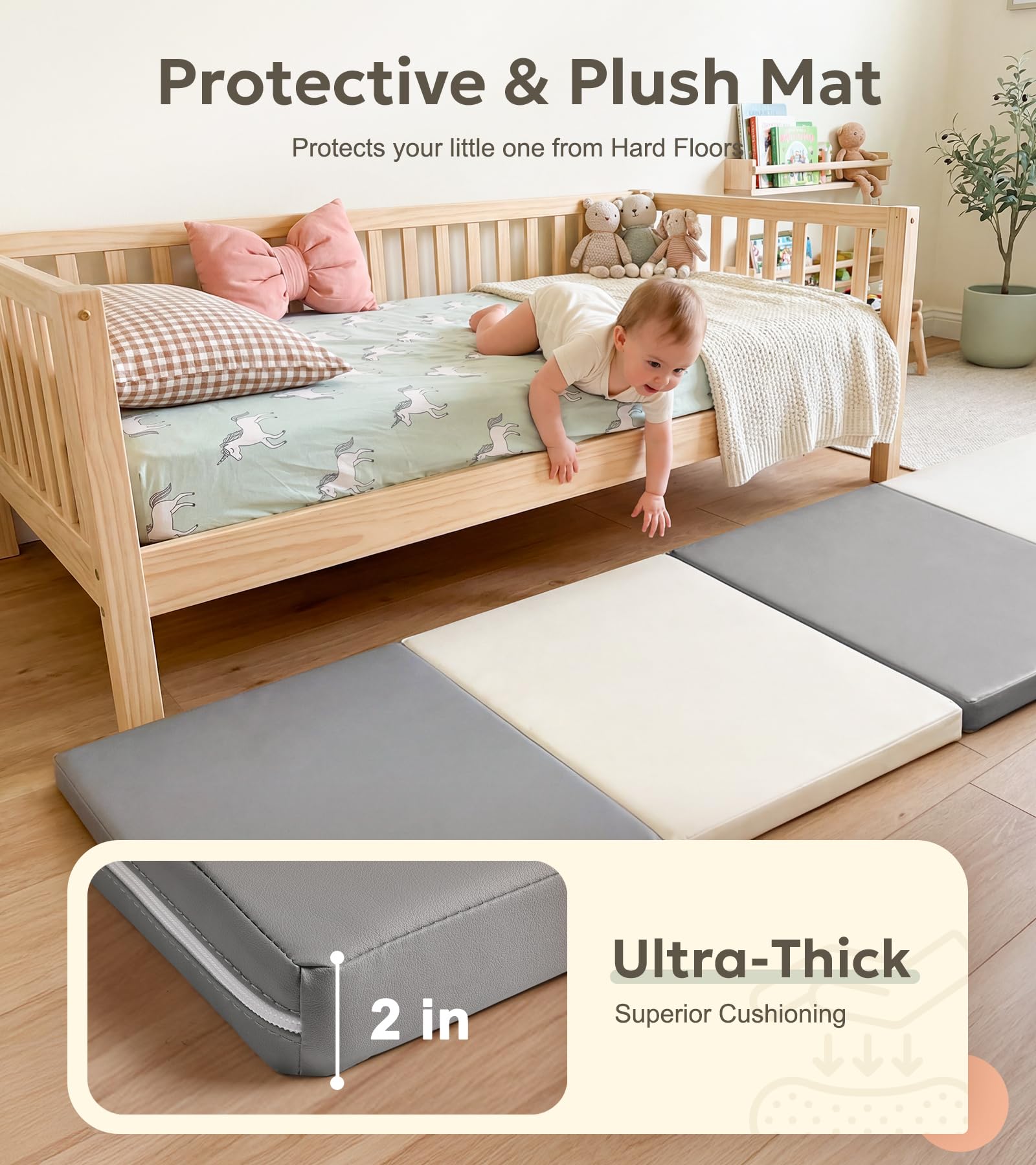 Mallify Tappetino da gioco pieghevole, 180 cm x 76 cm di spessore, tappetino portatile e impermeabile, box in pelle PU per neonati e bambini, grigio e bianco