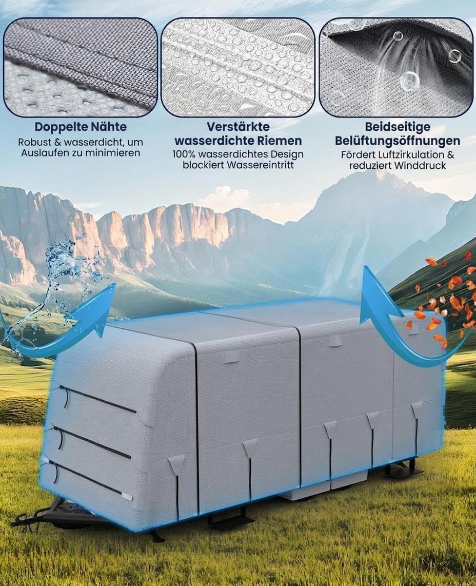 GarveeLife Wohnwagen/Wohnmobil Abdeckplane 4-Lagig 160 g/M² Dach + 3-Lagig 110 g/M² Seiten, Wasserfest, UV-Schutz (UPF 50+), Reißfest, Mit Lüftungsöffnungen, Rollbare Zugangspaneele