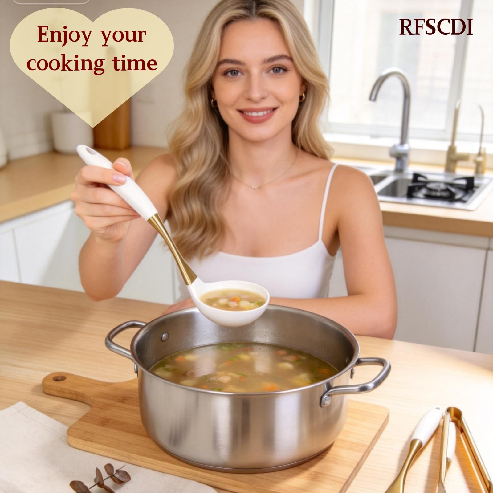 Ensemble d'ustensiles de cuisine élégants en silicone blanc doré – Non toxiques, passent au lave-vaisselle avec poignées confortables résistantes à la chaleur – Comprend une spatule et une cuillère