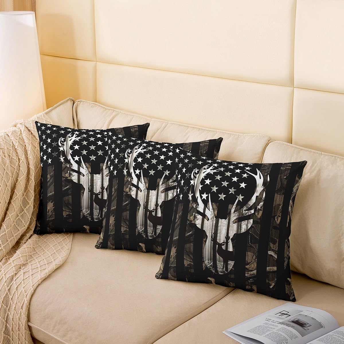 Camo American Flag Throw Pillow Cover Set of 2,Deer Antlers Grey Camouflage Soft Reversible Print Cushion Cover for Bed Sofa,Wild Animal Branches Leaves Stars Square Couch Pillow Cover,24"x 24"