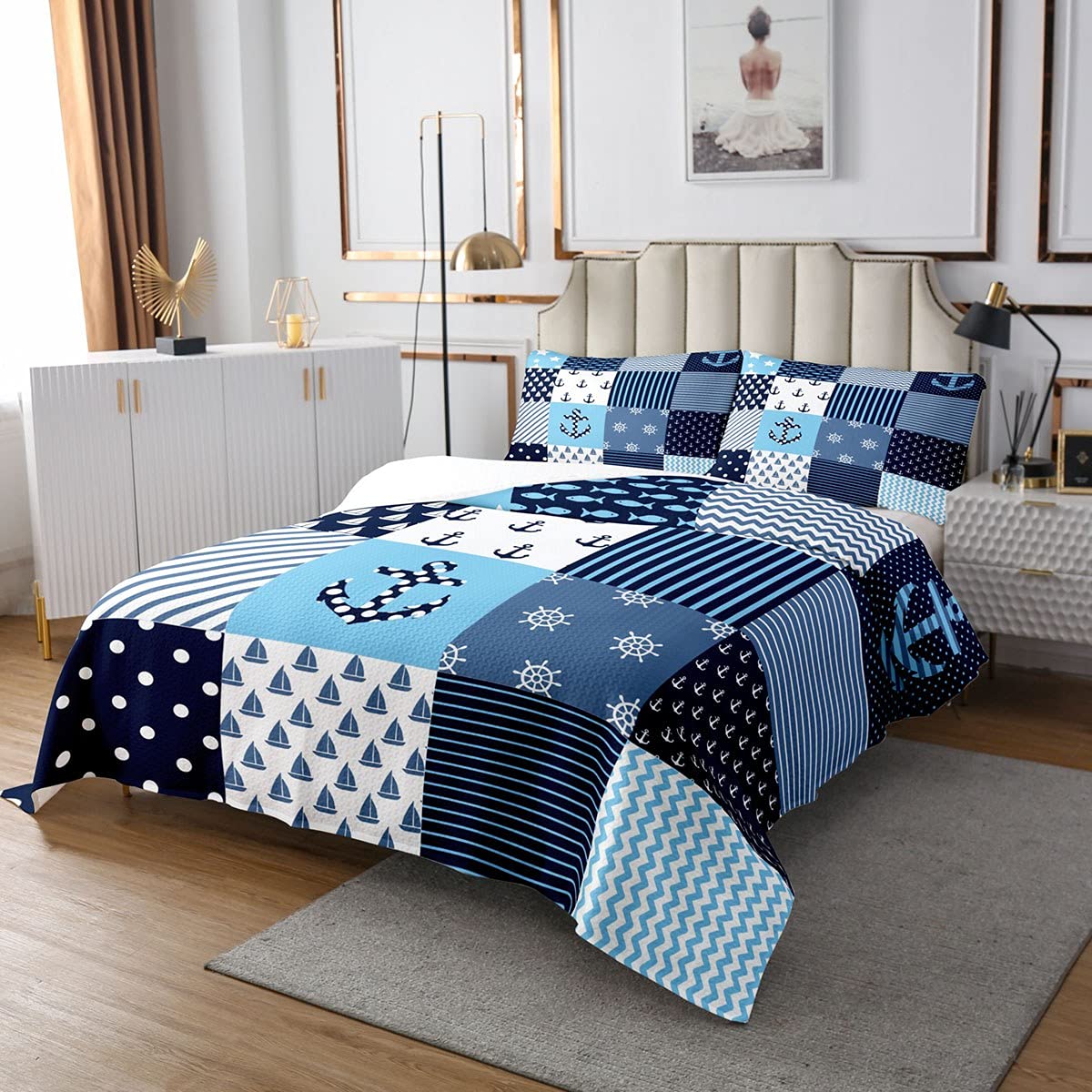 Loussiesd Nautical Bed Throw Navigation Theme Patchwork Day Deck Single Quilted Bedspread Blanket Anchor Compass Sailing Ship Print Quilt for Kids Boys Child Bedroom Decor 2pcs - Image 3
