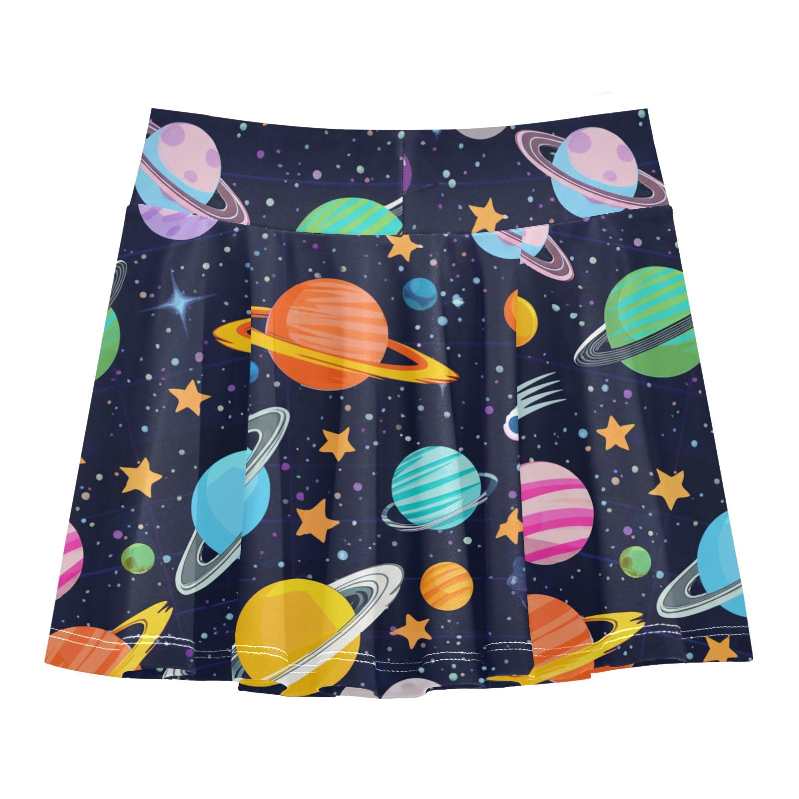 CHIFIGNO Girls' Pleated Skirts with Shorts Tennis Athletic Skorts Dance Sport Skirt Colorful Planets Dark Blue Size 11-12