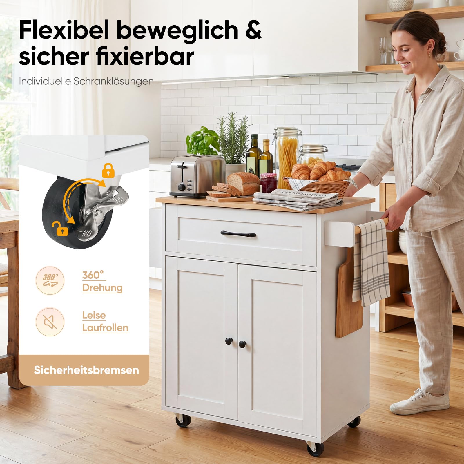 HOKEEPER Küchenwagen mit Handtuchhalter | für Küche, für Flur, Weiß, 4 Rollen, 2 feststellbar, zusätzliche Ablagefläche, küchenrollwagen, Rollwagen 84x46x85.4 cm