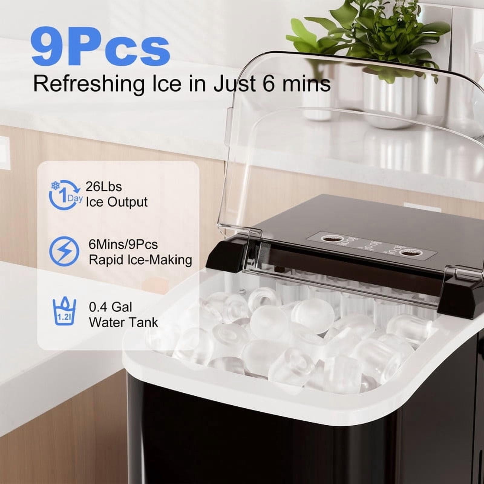 Countertop Ice Maker, 26Lbs/24H Portable Ice Machine with Self-Cleaning, 9 Bullet Ice Cubes in 6 Mins, Compact Quiet Ice Making Machine for Home Kitchen Office Bar RV — view 3