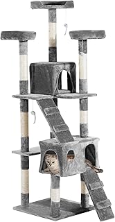 PawHut 67 inches Cat Tree, Multi-Level Large Cat Tower Condo with Scratching Posts, Perches, Cat Houses, Dangling Toy, Grey