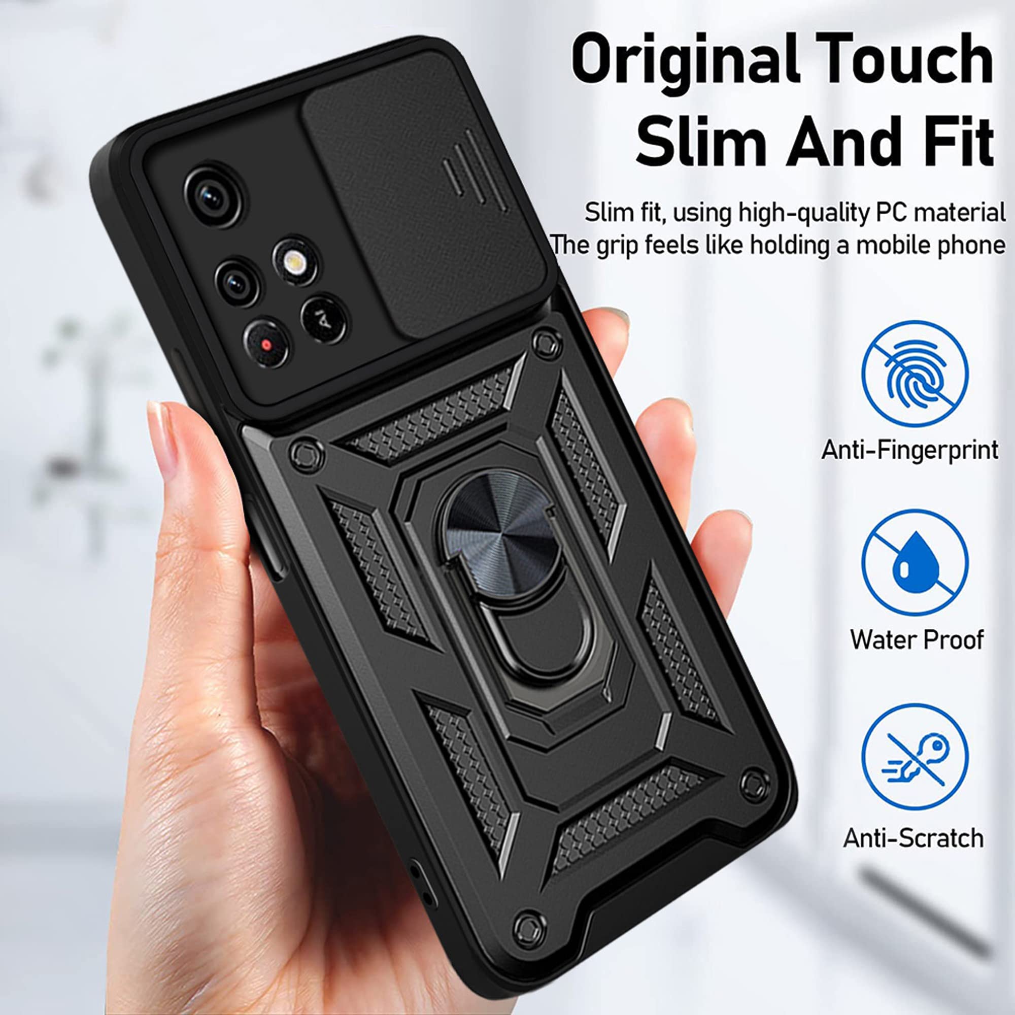 ESTH® Custodia per Xiaomi Redmi Note 11 Pro Plus 5G con Custodia per Fotocamera Scorrevole e Supporto ad Anello [Cover Paraurti Compatibile con Supporto Magnetico per Auto], Rosso
