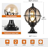 Vista 5 de Lámpara de poste para exteriores, base E26 de 60 W máx. Luces de columna con carcasa de aluminio negro más vidrio ámbar IP55 impermeable linterna