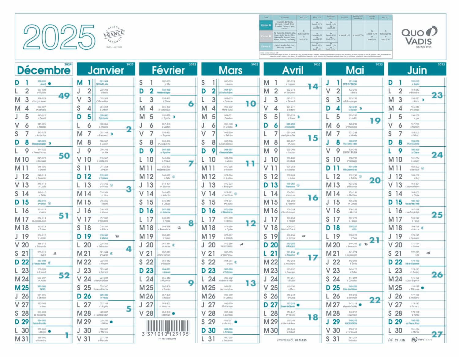 Quo Vadis - Calendrier mural - 2026 - Français - Classic - 14 mois de décembre à janvier - 27x21 cm - Papier Clairefontaine blanc