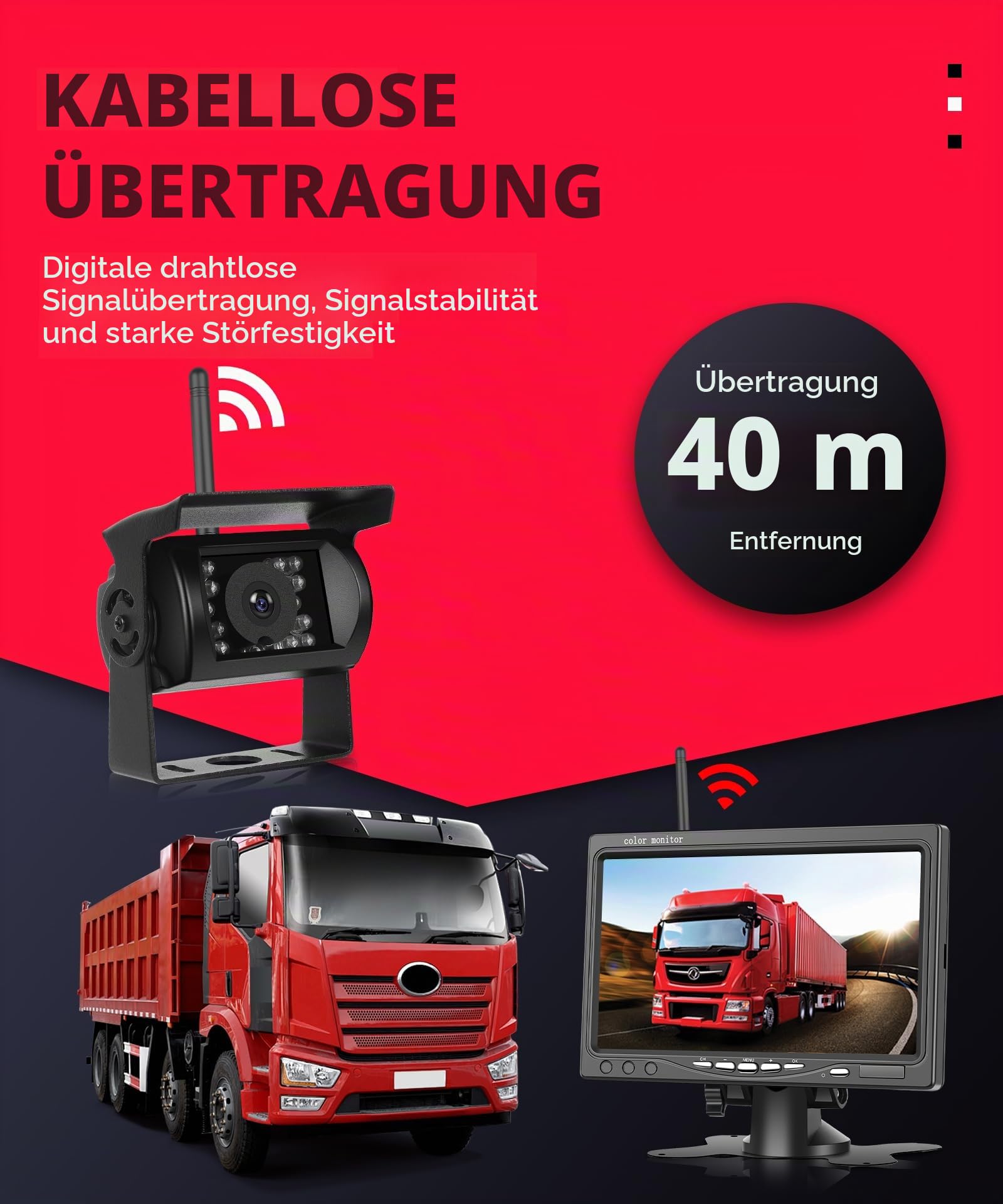 Rimoody Kabellos Rückfahrkamera Set mit 7 Zoll Monitor, 1080P Funk Rückfahrkamera IP68 Wasserdicht, Nachtsicht, BSD, Image Flip, Rückwärtshilfe für LKW/Bus/Van/Wohnmobile/Anhänger/Landfahrzeug 12V-36V