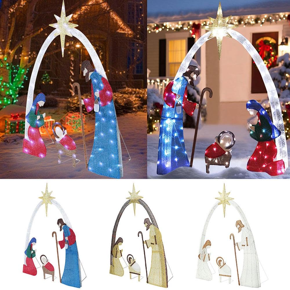 Crèche de Noël Lumineuse d'Extérieur 1,5 m, Décoration pour Cour Familiale, Ensemble Sainte Famille avec Piquets pour Pelouse