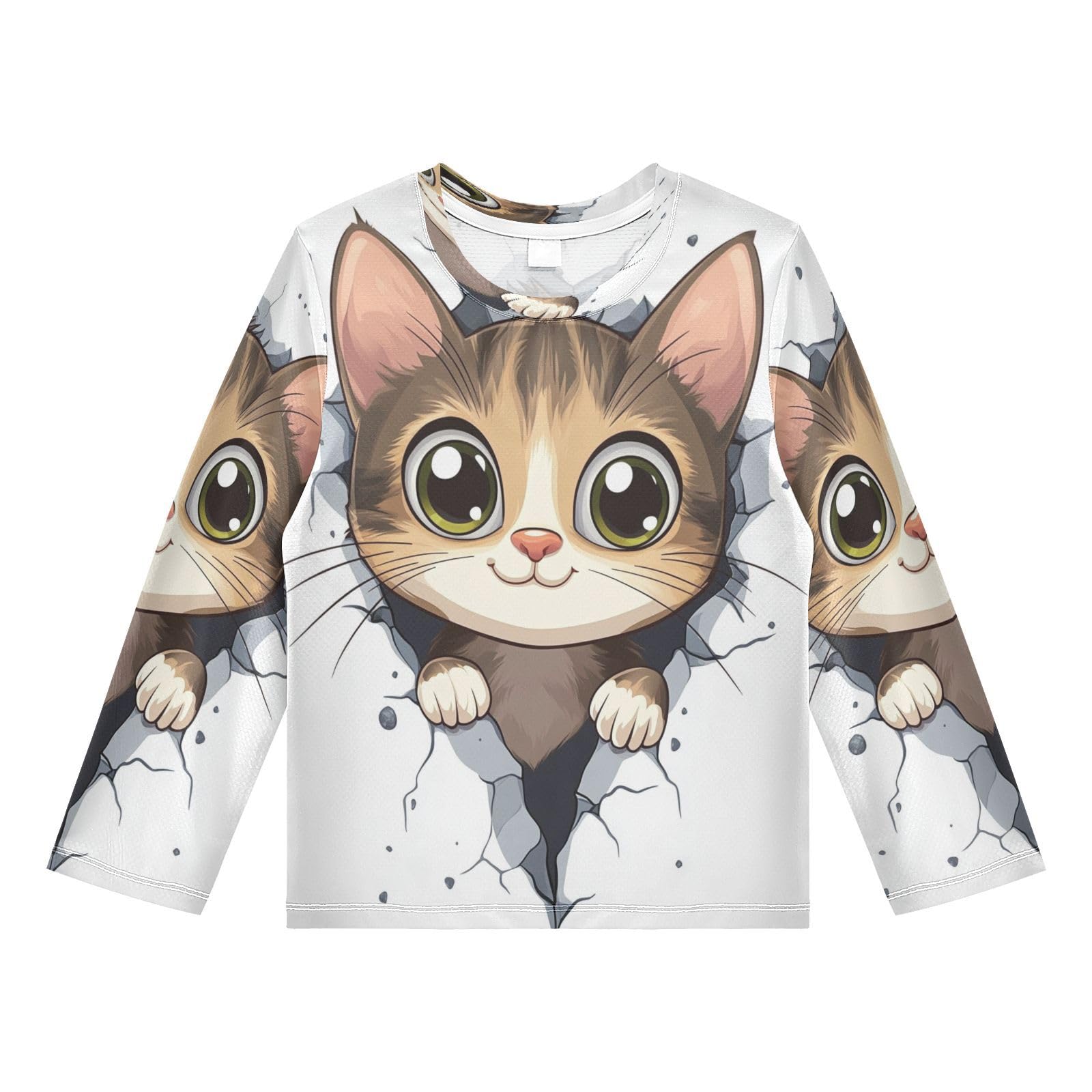 White Cute Cat Rash Guard Shirt for Boys Sun Protection Shirt for Beach Pool Sport UPF50+ 7-8T