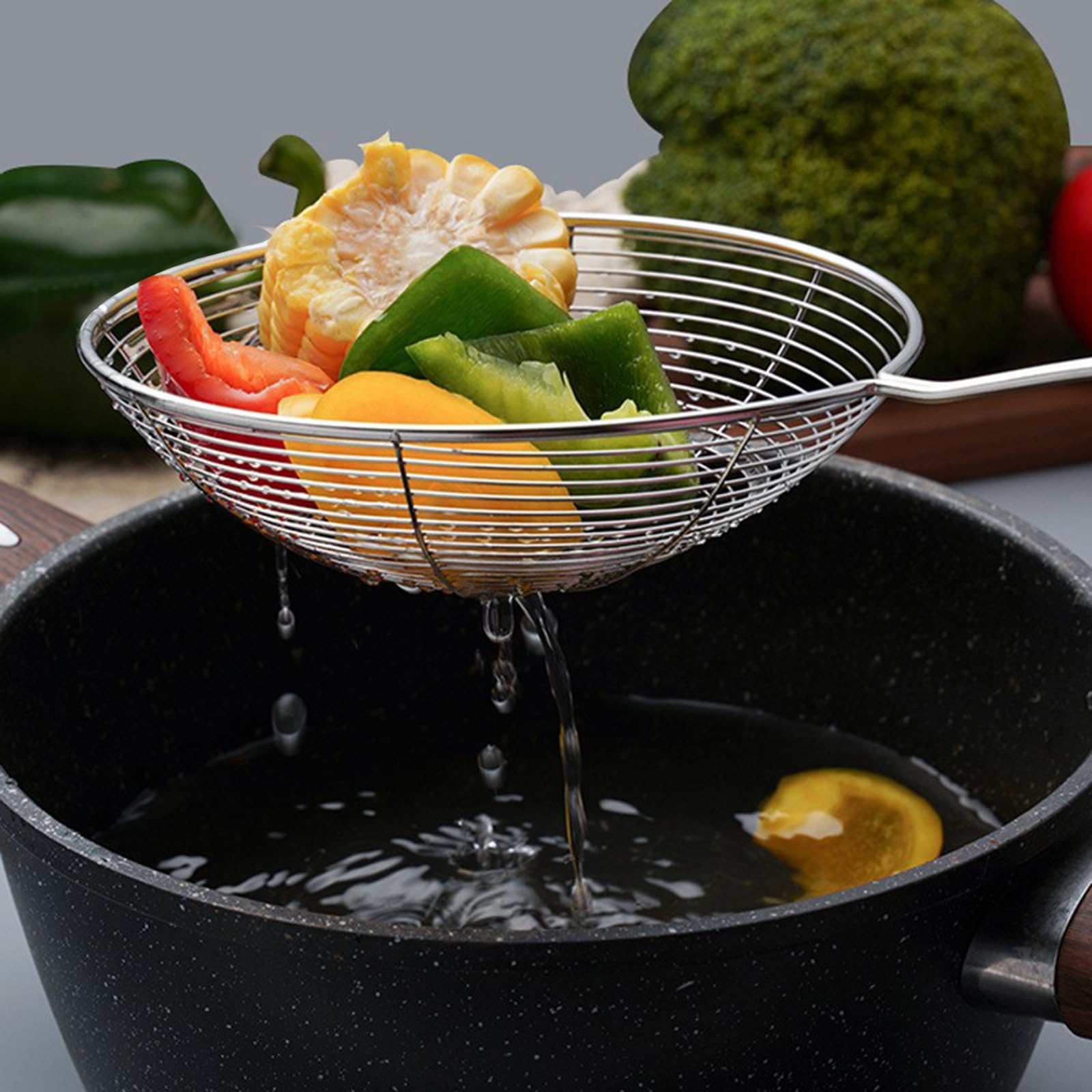 Araignée De Cuisine En Acier Inoxydable 14 Cm - Écumoire à Friture Passoire Araignée Avec Poignée Longue - Idéale Pour Frites, Poulet Et Légumes