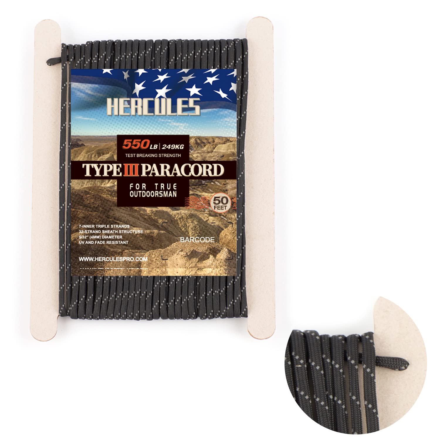 Amazon.co.jp: HERCULES パラコード 反射 タープ ロープ テント用ロープ ガイドロープ パラシュートコード 多機能  耐荷重250kg 7芯 反射黒 15m : スポーツ＆アウトドア