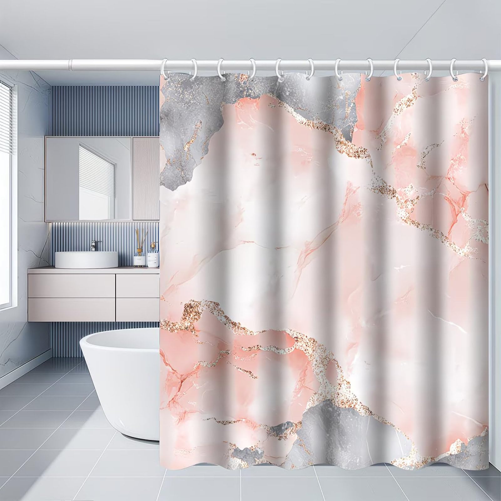 Shower Curtain Pink Gray Marble Bathroom Curtains Polyster Washable Fabric Waterproof with 12 Hooks for Bathtubs Bathrooms Protecting Privacy Weighted Shower Curtains (120x180cm)