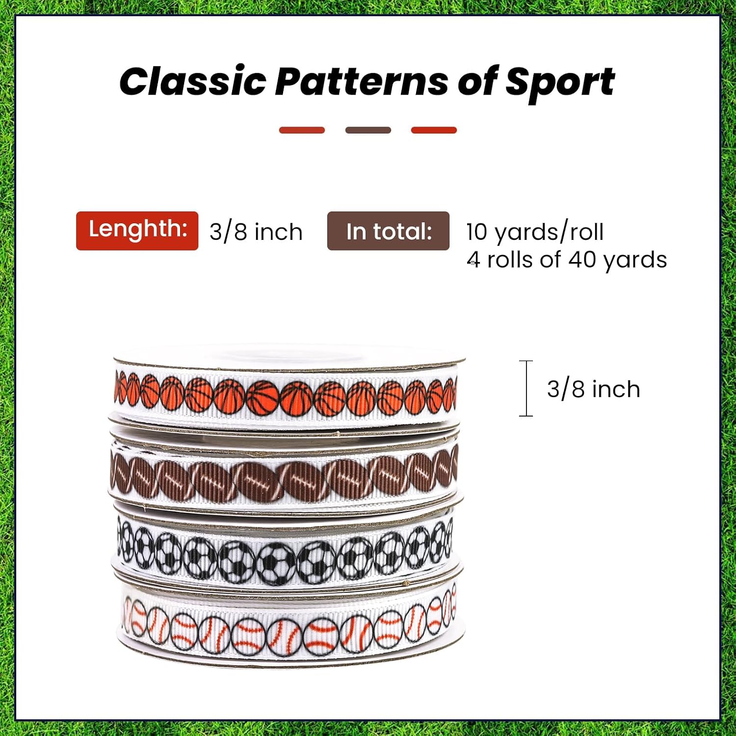 4 Rolls 40 Yards Sports Ribbon 3/8 Inch Wide, Soccer Baseball Football Basketball Grosgrain Ribbon for Boys Men World Cup Sports Fans Players Coaches Gift Wrapping Party Decorations Sewing DIY Crafts