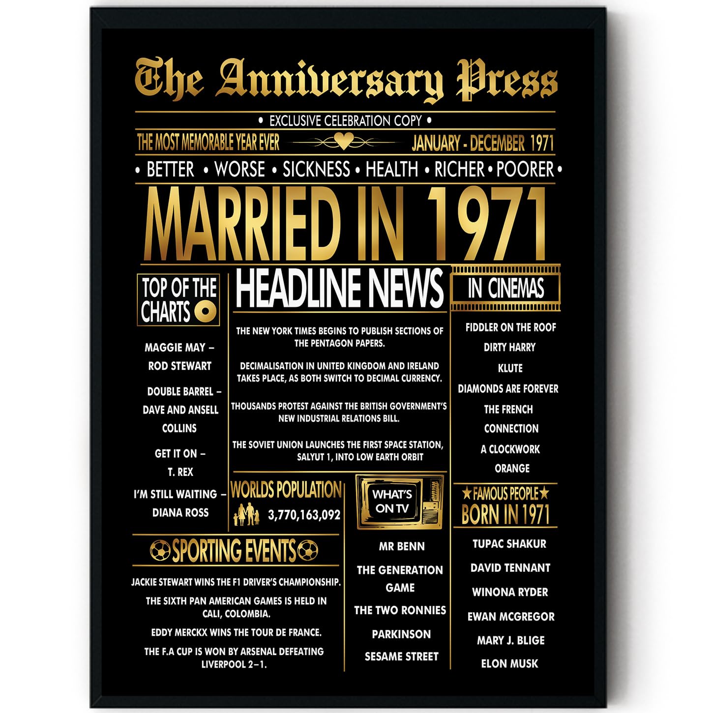 Stuff4 Gold 55th Anniversary Poster Framed - Golden Married In 1971 Newspaper - 55 Anniversary for Men Women Retro Vintage Gifts Back In 1971, 8x10 Inch Bday Party Decor Decoration