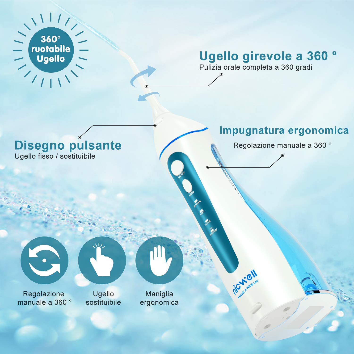 Idropulsore Dentale Portatile, Irrigatore Orale Professionale 4 Modalità e 5 Ugelli di Ricambio con rotazione di 360 °, Ricaricabile USB, IPX7 Impermeabile, Adatto a viaggio e a casa