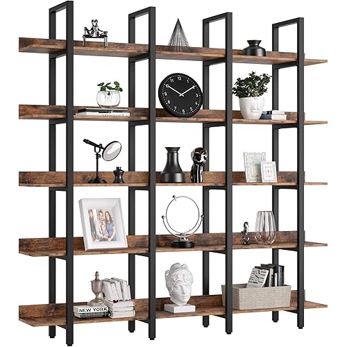 IRONCK Bookcase and Bookshelves Triple Wide 5 Tiers Large Open Shelves, Etagere Bookcases with Back Fence for Home Office Decor, Easy Assembly, Vintage Brown