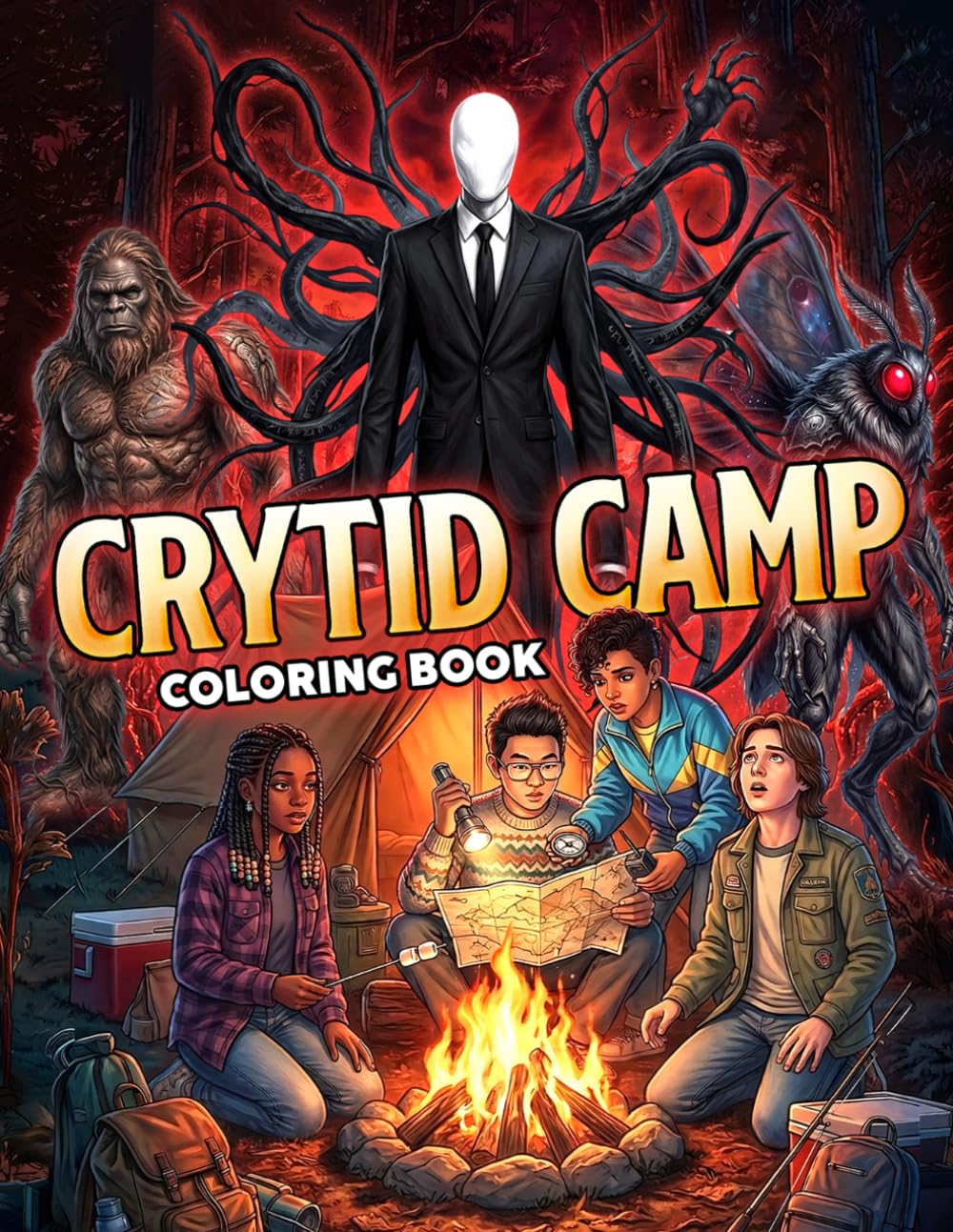 Crytid Camp Coloring Book: American Mythical Creatures Coloring Pages with Campfire Horror Scenes, Dark Fantasy Illustrations for Adults and Teens Stress Relief