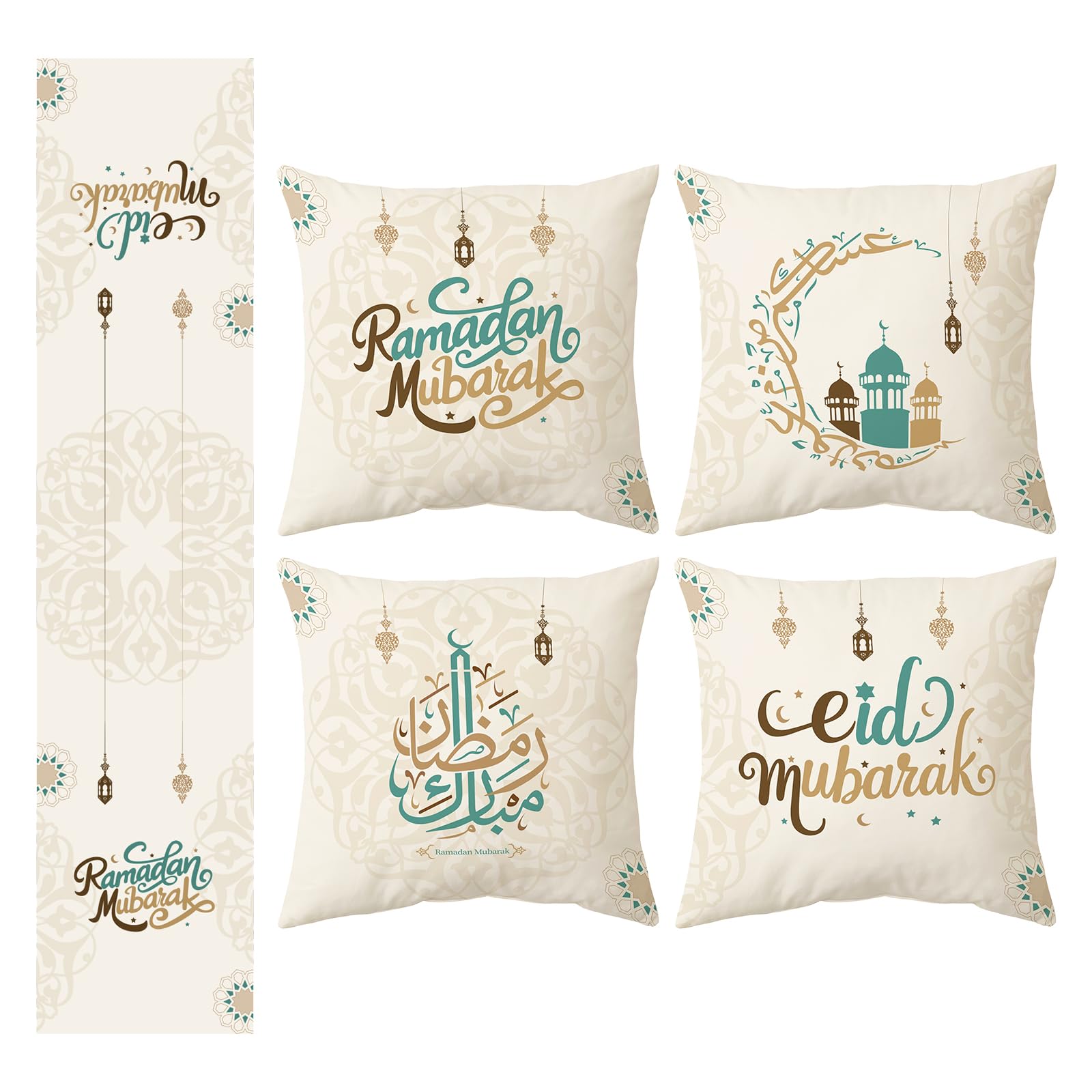 Ramadan Decorations for Home 2025 - Table Runner & 4pcs 18x18 inches Pillow Covers - Ramadan Decor for Table Couch - Gifts-Indoor
