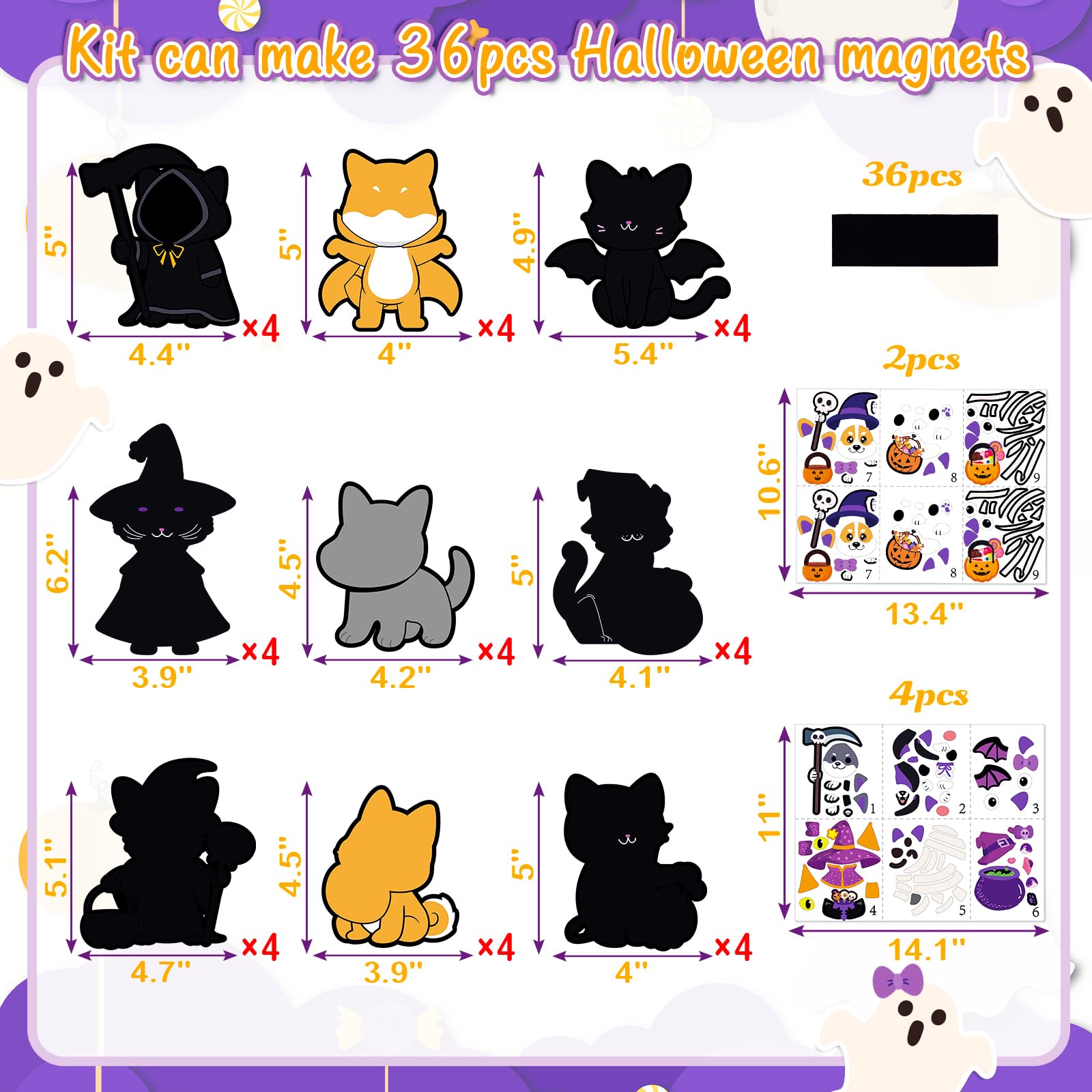 Lot de 36 autocollants d'Halloween pour enfants : kit d'aimants à faire soi-même, créez votre propre ensemble d'autocollants d'art et d'artisanat, activités d'automne pour la maternelle et la salle de