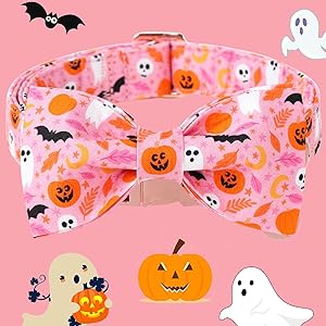 DOGWONG Halloween Dog Collar with Bow, Pink Fall Bowtie Dog Collar Cute Ghost Comfortable Adjustable Girl Fall Dog Collar for Large Dogs