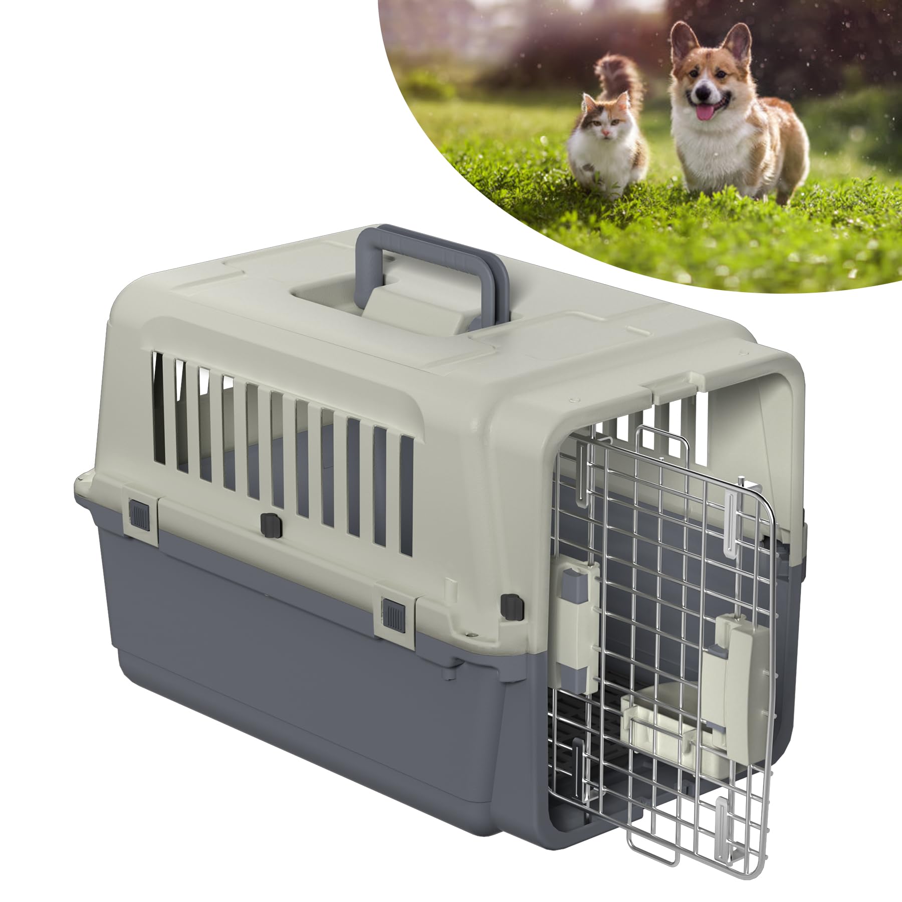 Boîte de transport en plastique pour chien et chat - 60 x 39,5 x 44 cm - Avec récipient de nourriture et séparateur d'urine - Boîte de transport pour animaux - Gris foncé