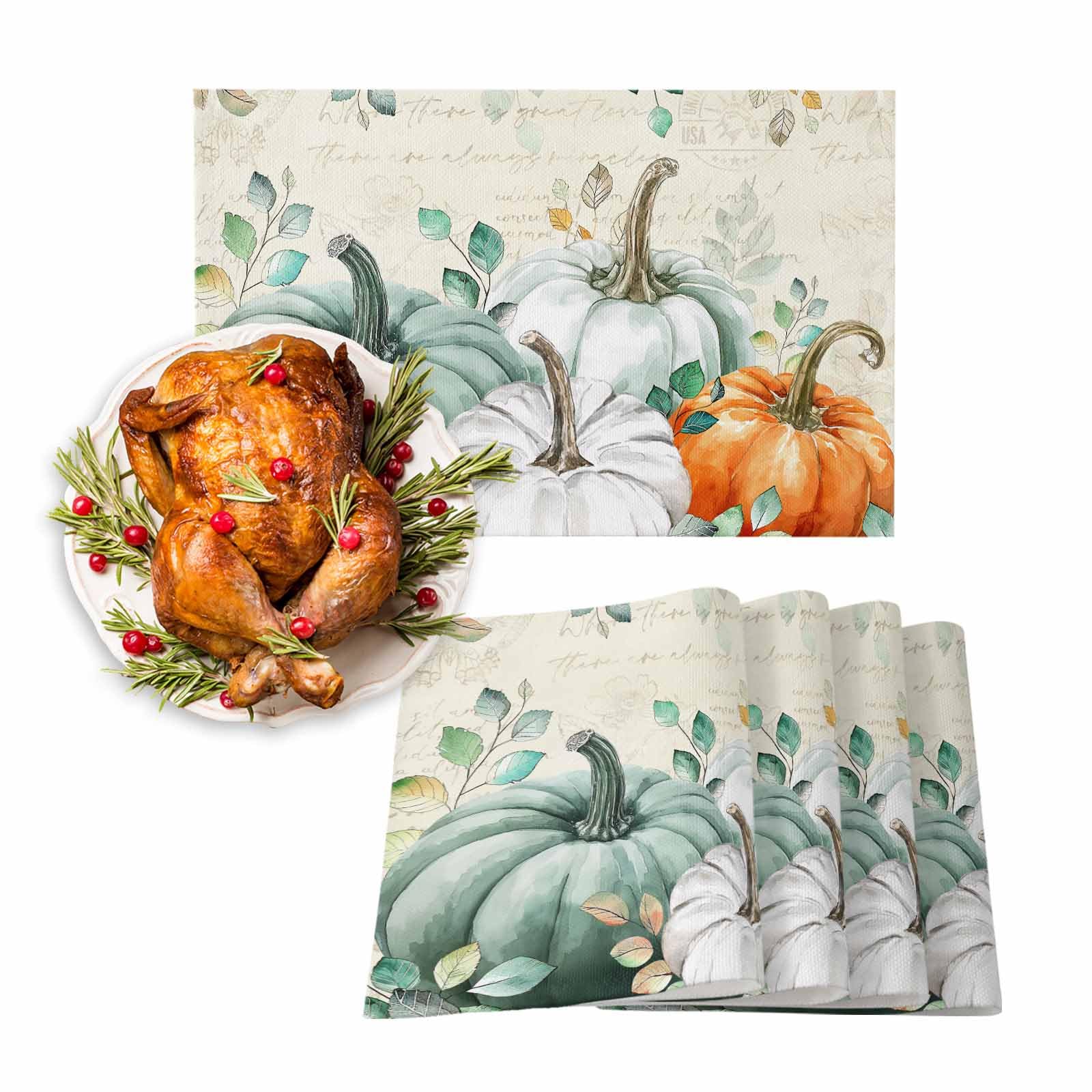 Set Of 4 Round Fall Placemats - Orange Eucalyptus Leaf Design, 14 Inch, Perfect For Thanksgiving & Autumn Table Decor