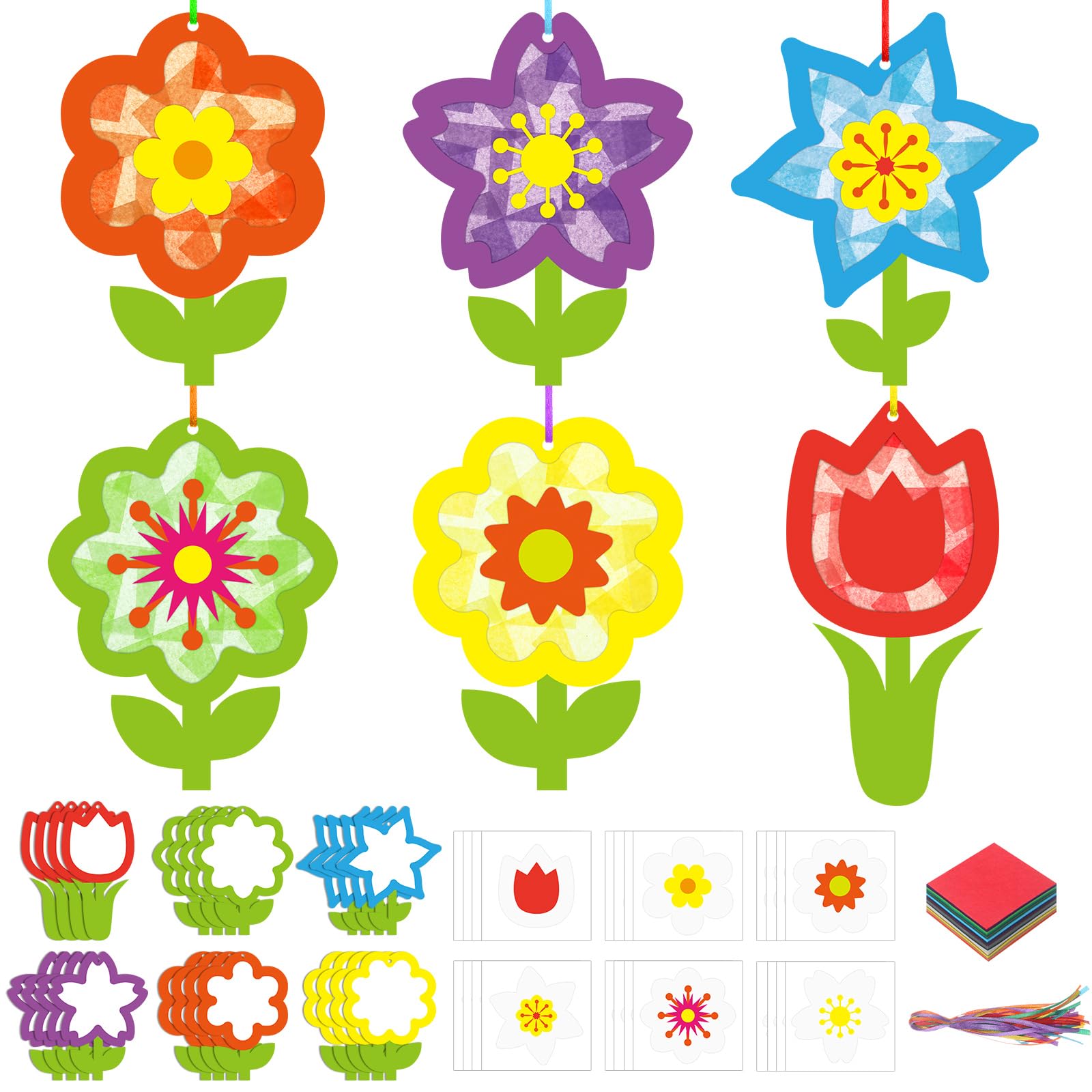 Motipuns 24 Sets Colorful Flower Crafts Set Suncatcher Tissue Paper Crafts Kit DIY Spring Party Decor Make Your Own Flower Hanging Ornaments for Home