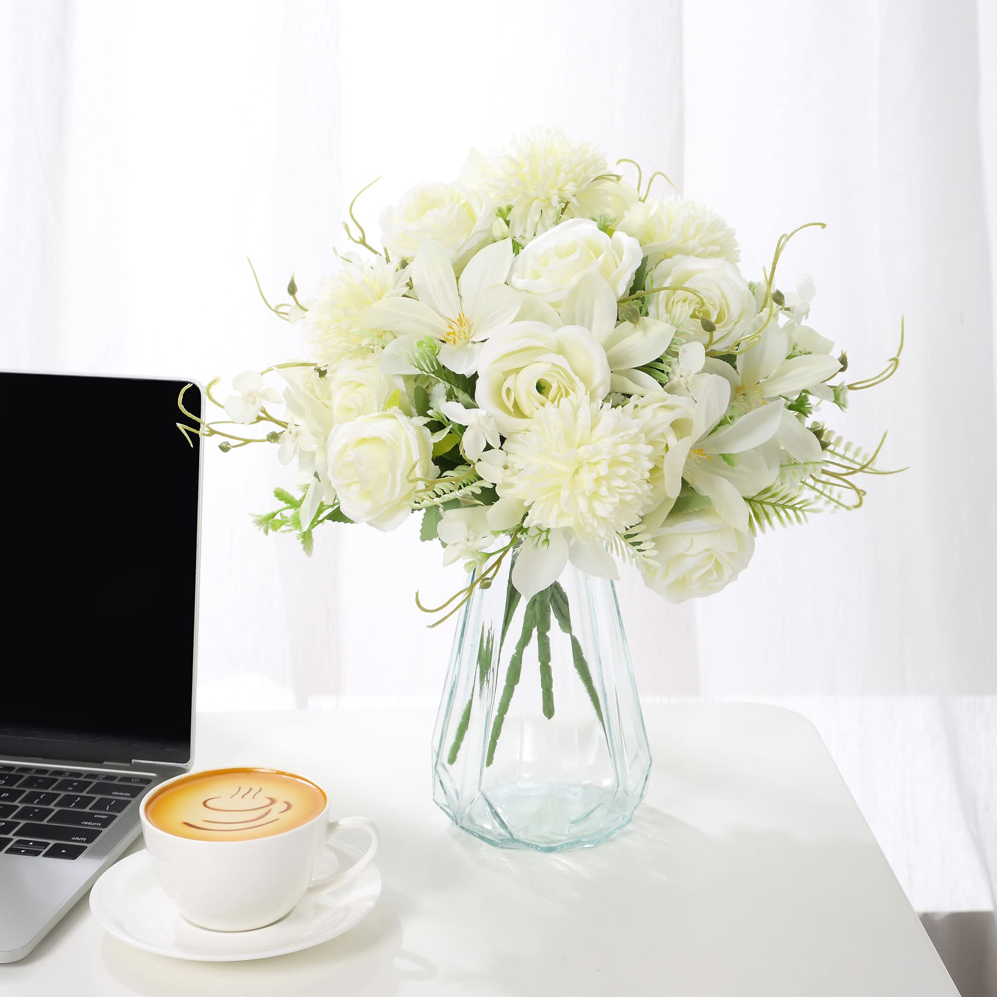 Fake Flowers,12in 4pcs Artificial Flowers Plants Bouquets of Silk Roses, Hydrangea and Lilies for Bridal Shower Decoration Wedding Table Centerpieces Party Home Office (White No Vase)