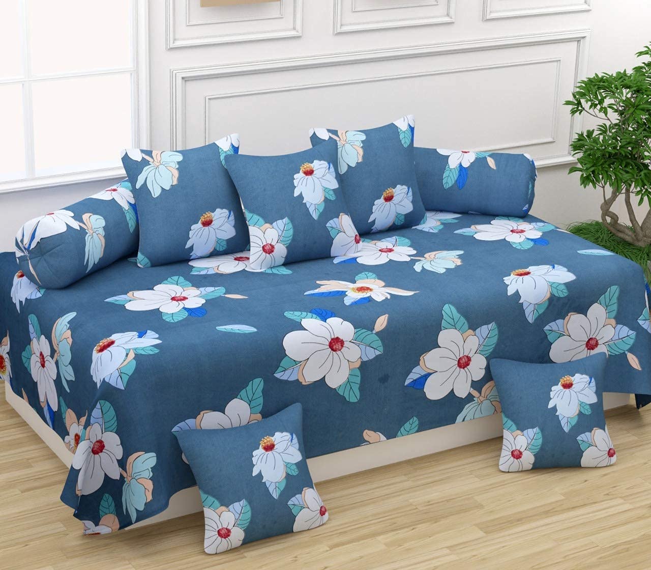 MORADO® 160 TC Glace Cotton 8 Pieces Diwan Set Including 1 Bedsheet, 5 Cushion Covers and 2 Bolster Covers, Grey-picture-30