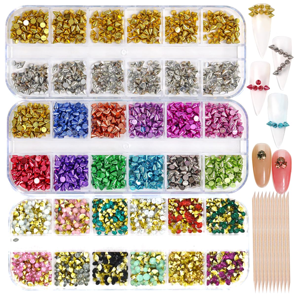 3 Boxes 2160 Pcs Metal Rivet Cone Spikes Rhinestones Nail Charms 10 Pcs 4.5 Inch Orange Sticks for Nails Accessories Alloy Studs Crystal Rhinestone Nail Studs for DIY Decor