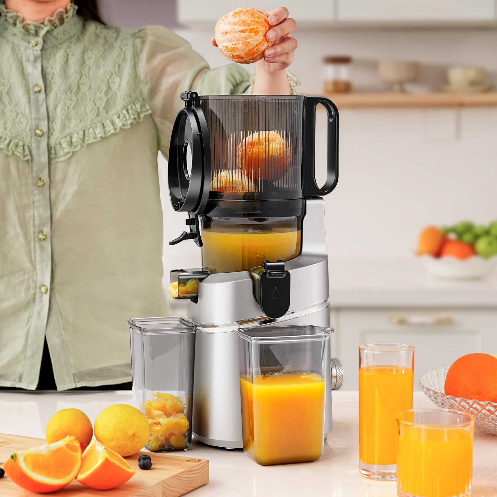 AMZCHEF 250W Automatischer All-In-One Entsafter, 145MM Öffnung und 1,8L entsafter für Gemüse und Obst, Kaltpresse Slow Juicer Testsieger mit Dreifachem Filter - Silber