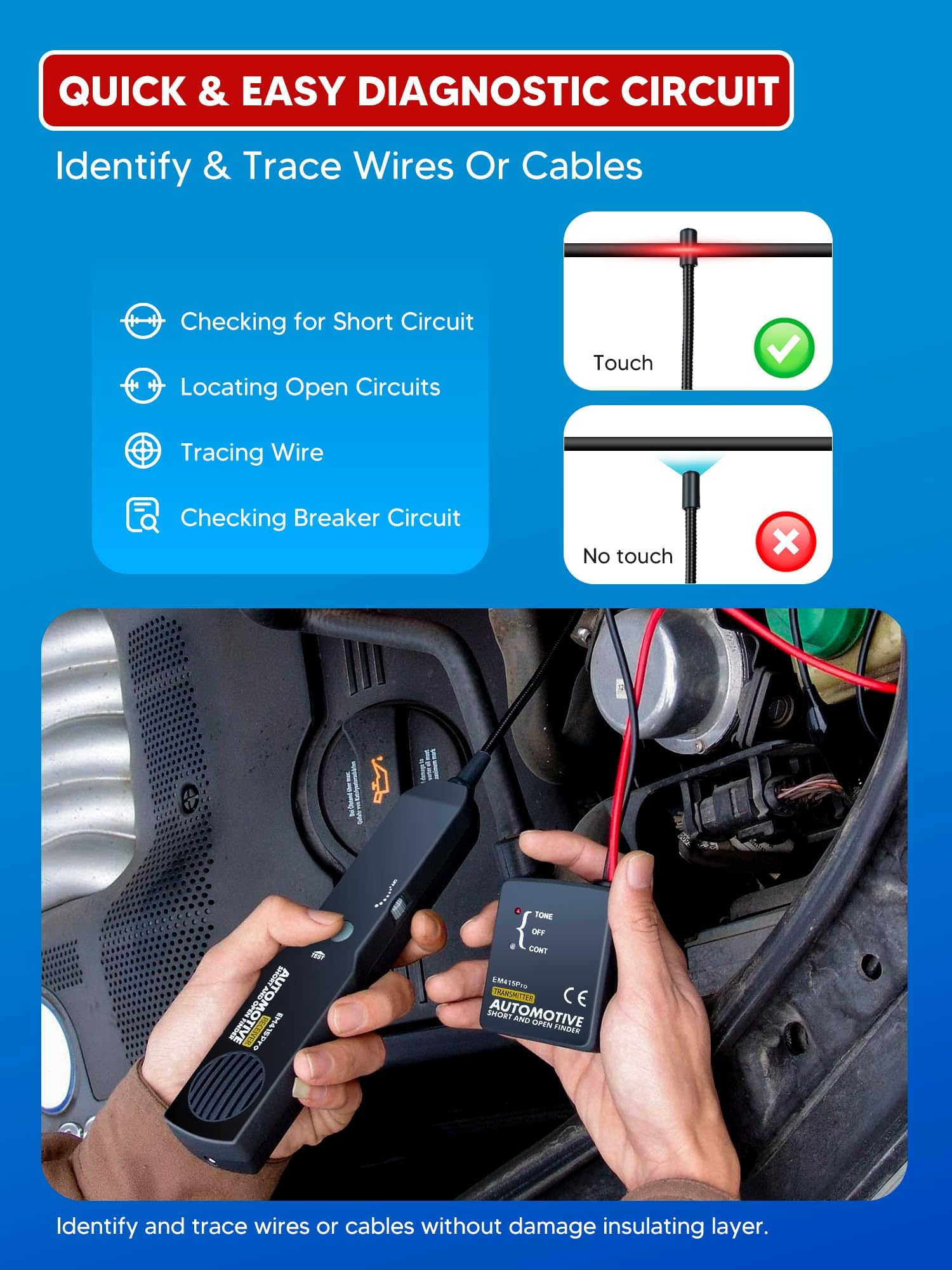 Détecteur de disjoncteurs, traceur de fils, traceur de circuit, traceur de câble électrique, outil de réparation automobile court et ouvert EM415pro DC 6-42 V