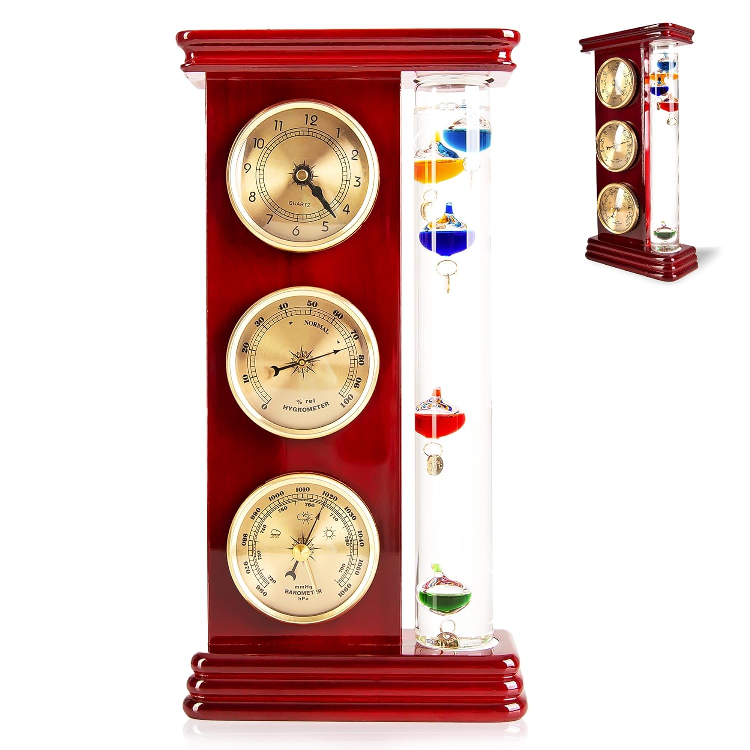 Classic Analog Weather Station with Galileo Thermometer,Barometer,Hygrometer,and Precision Quartz Clock.Home Decor,Wireless Indoor and Outdoor Thermometer,Weather Gifts