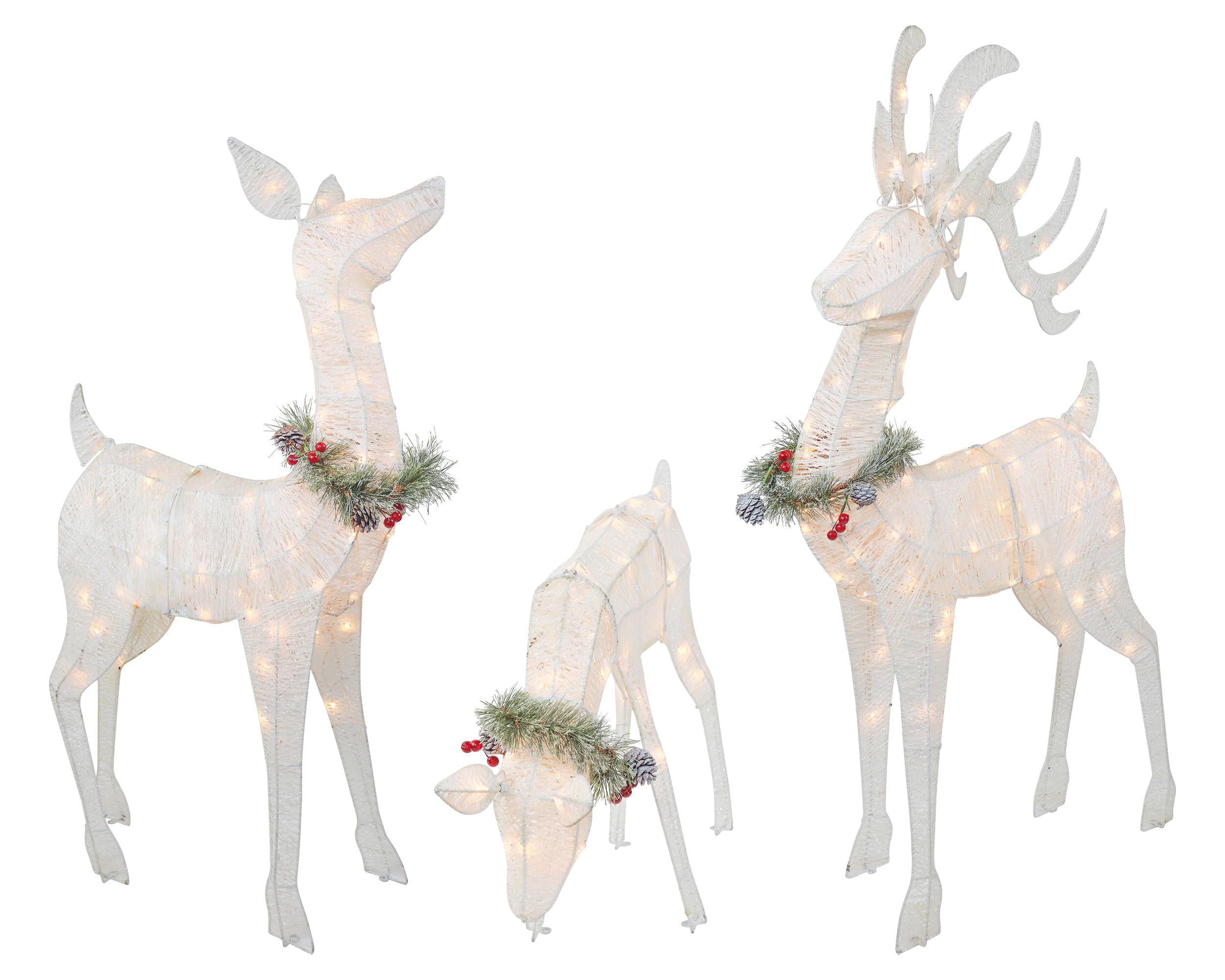 3-Piece Lighted Deer Family with Garland - 210 UL Lights - Outdoor Christmas Yard Decoration, White 52" Buck, 44" Doe, 28" Fawn