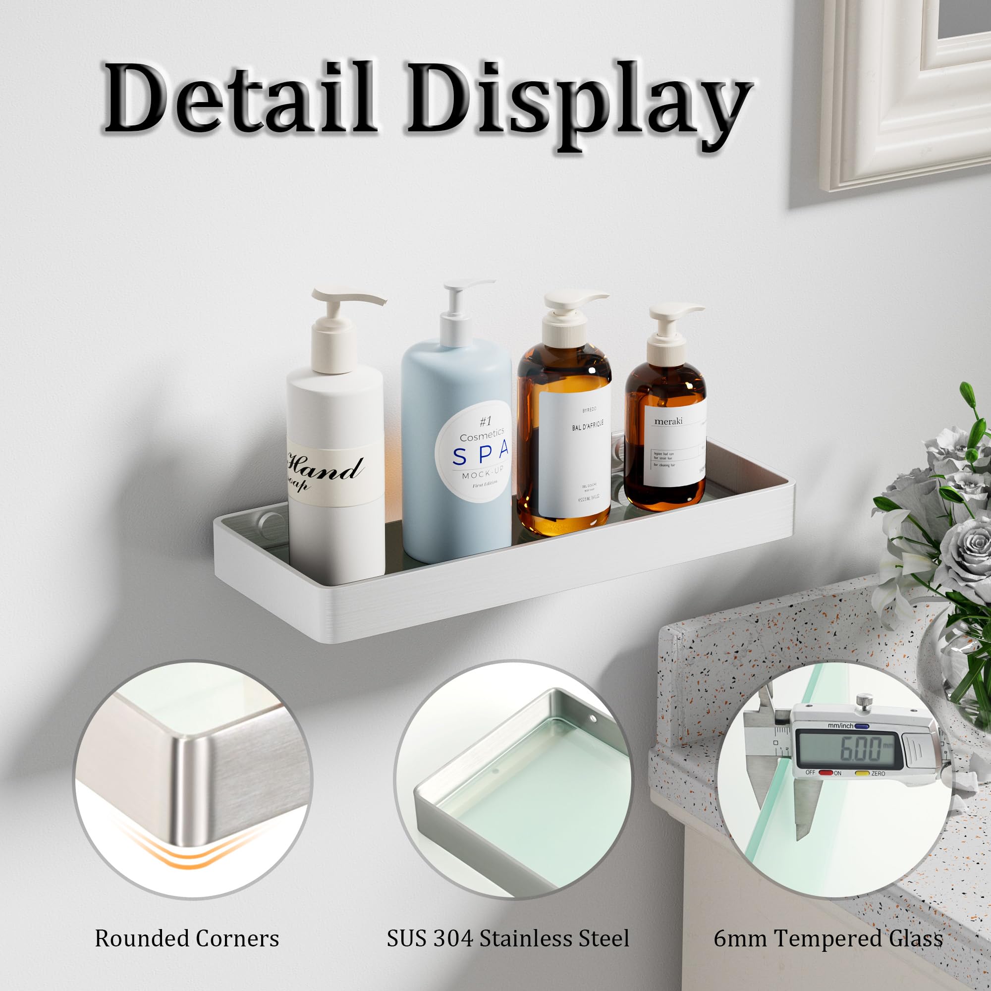 Alise Bathroom Shelves Brushed Nickel Glass Floating Shelves for Bathroom Wall Mounted Bathroom Shelf Over Toilet SUS304 Stainless — view 6