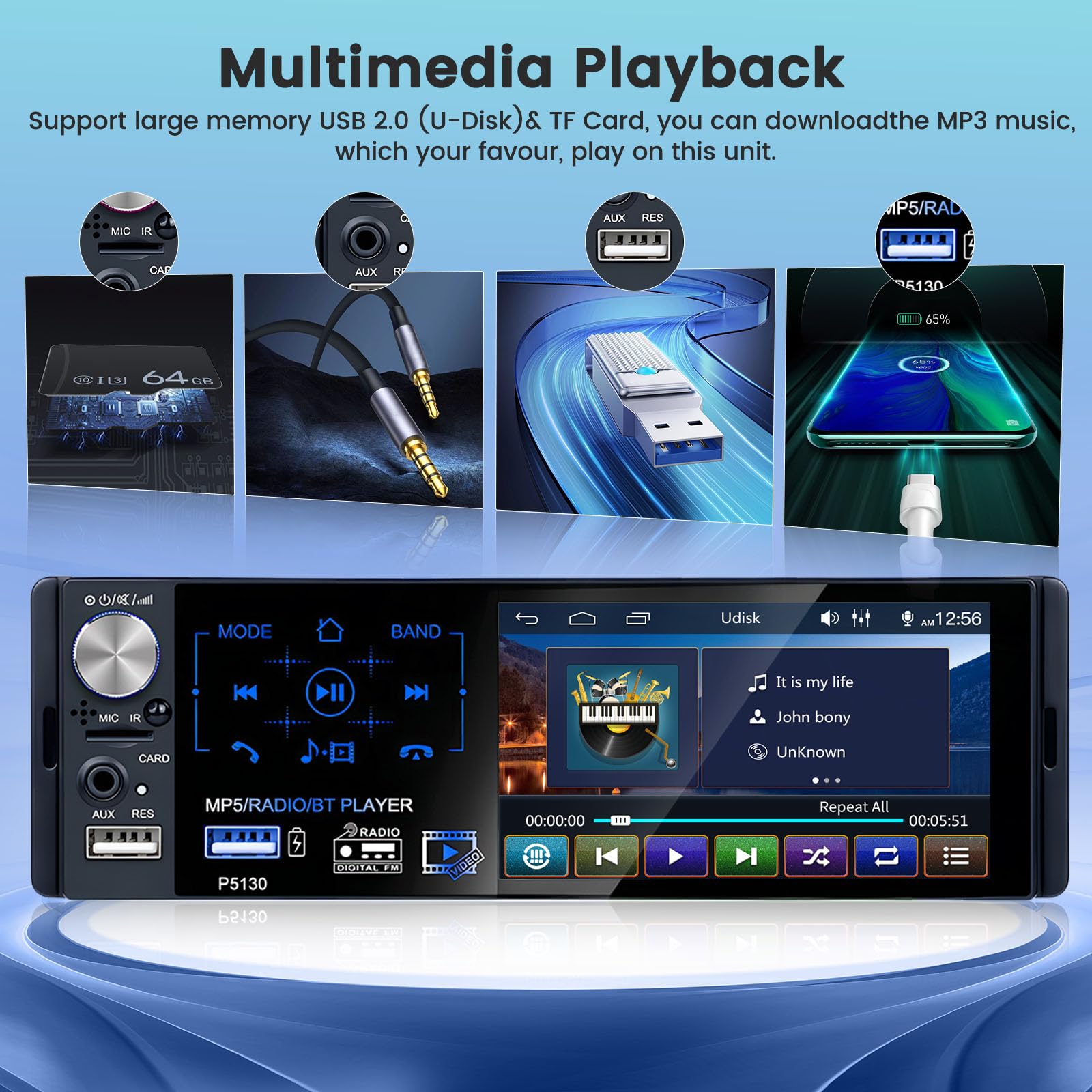 Hikity RDS 1 DIN Radio de Coche Bluetooth FM Am, Pantalla Táctil 4,1 Pulgadas Estéreo Radio para Coche con USB, Puerto SD, AUX-in, SWC, Cámara Trasera