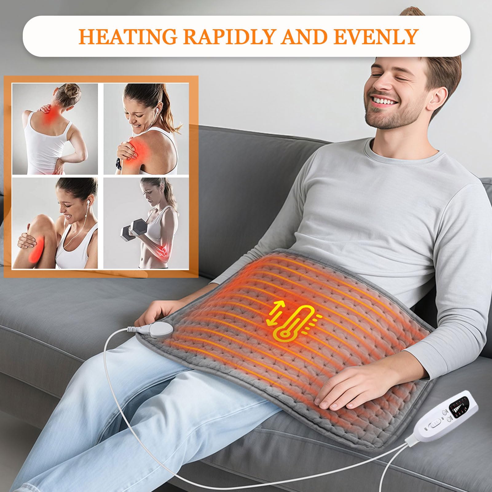 Cuscinetto Riscaldante King Size con 6 Ompostazioni di Temperatura e 4 Timer, Sollievo dal Dolore per Schiena/Spalle/Addome/Gambe, Opzioni di Calore, Spegnimento Automatico,Dark grey,16"x30"/40*76cm