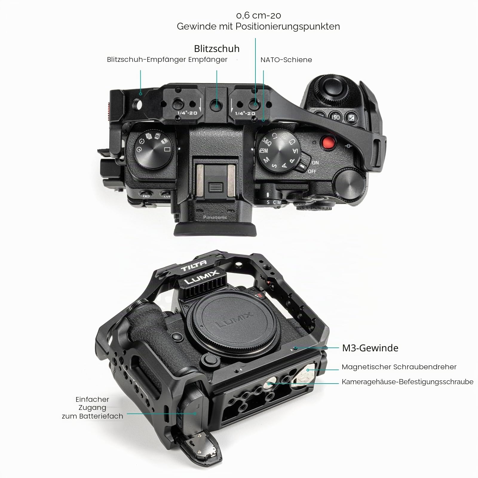 Tilta Käfig für S5 II/S5 mit HDMI-USB-C-Kabelklemme und NATO-Rail - Schwarz TA-T50-FCC-B