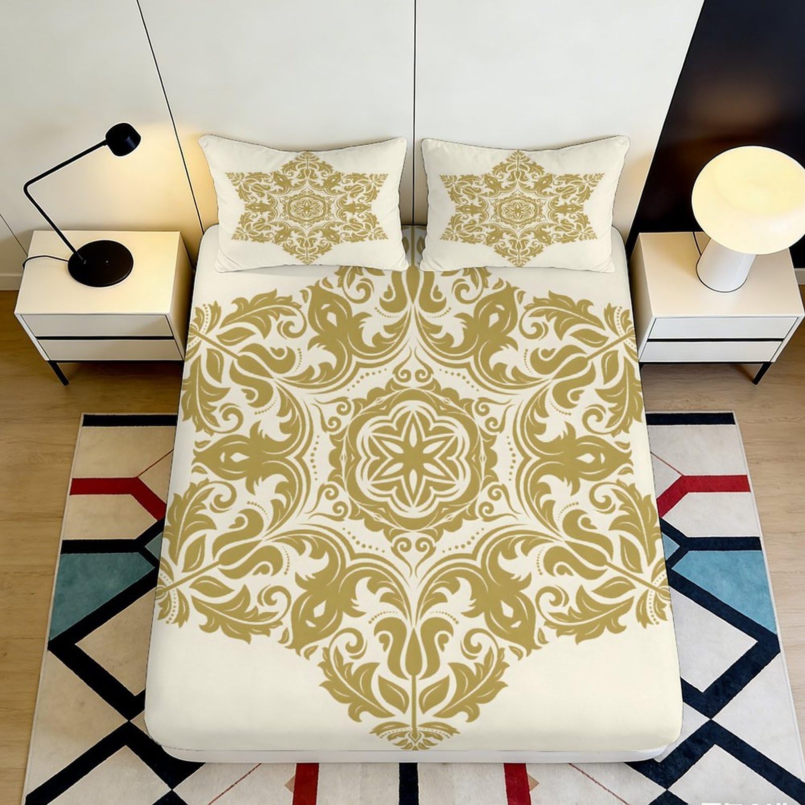3D Printed Golden Baroque Fitted Sheet Microfiber Soft Breathable Ornate Bed Cover for Bedroom Dormitory Guest Room Mattress Protection Decor 160x200x25cm