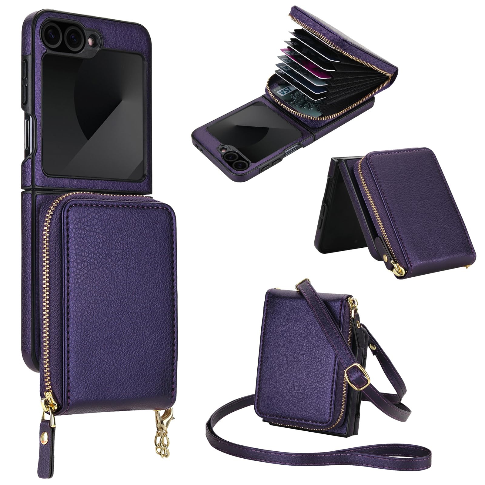 Asuwish Custodia per Samsung Galaxy Z Flip 6/Z Flip 7 FE 5G 2 in 1 Custodia magnetica a portafoglio con tracolla a tracolla blocco RFID porta carte di credito Z6 G Flip6 ZFlip Flip7 da donna viola