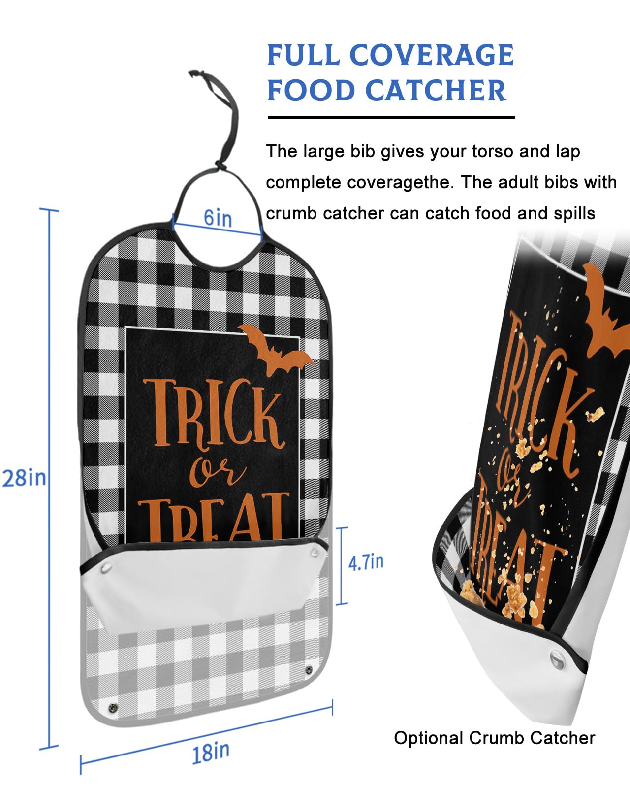 Halloween Adult Bibs for Eating, Waterproof Bibs with Food Catcher & Adjustable Snap Closure, Trick or Treat Black and White Plaid Washable Clothing Protectors Adult Bibs for Elderly Women/Men