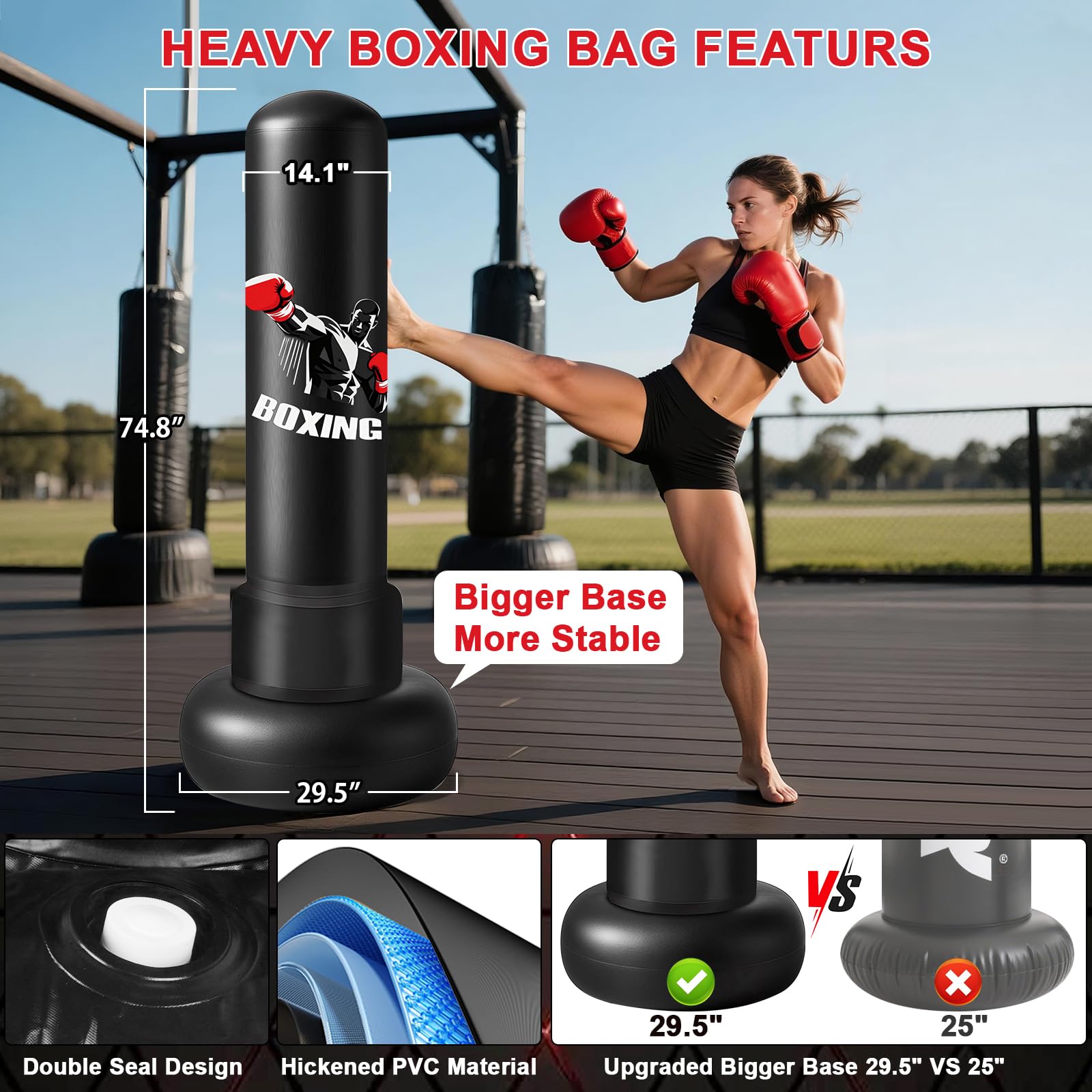 Ninonly Saco de Boxeo para Adultos 190cm Saco de Boxeo Inflable Pesado con Guantes de Boxeo, Bomba y Pelota de Reflejos,Base Grande Mejorado para Hombres y Mujeres,Entrenamiento MMA Muay Thai Fitness